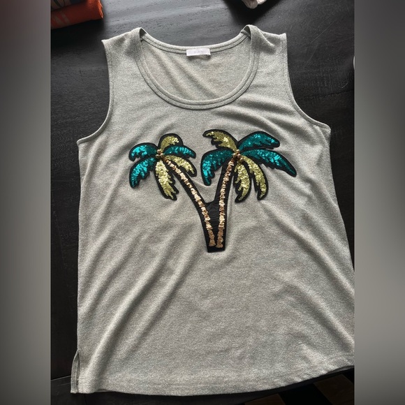 RIANI Sequin Palm Tree Tank Top Green Metallic Knit Sleeveless - Picture 2 of 10